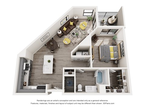 Floor plan for 1 bed, 1 bath, 945 sqft